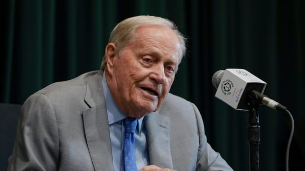 Jack Nicklaus answers questions at a press conference during a practice round for the Memorial Tournament at Muirlfield Village Golf Club.